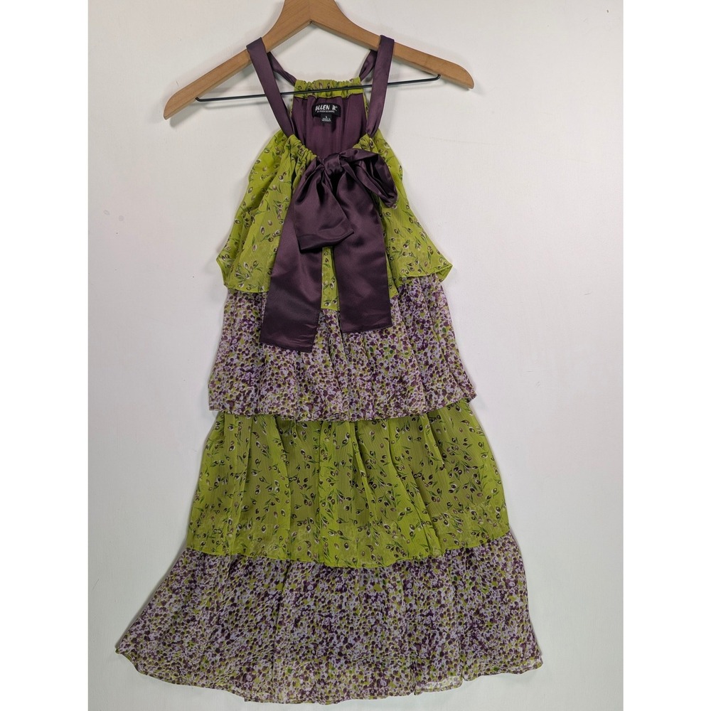 Allen B by Allen Schwartz Green Purple Floral Tiered Halter Mini Dress Bow Sz 6